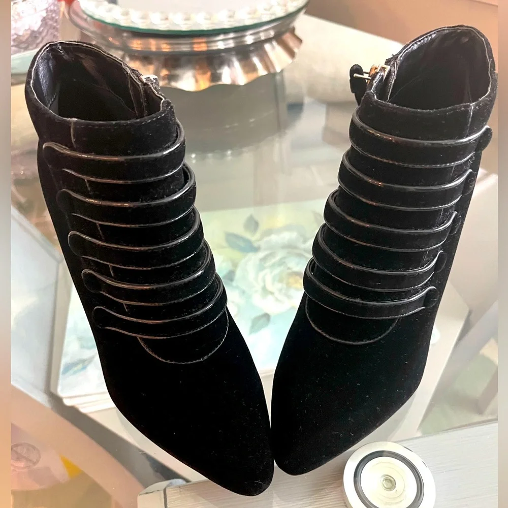 Neiman Marcus stiletto velvet ankle boots